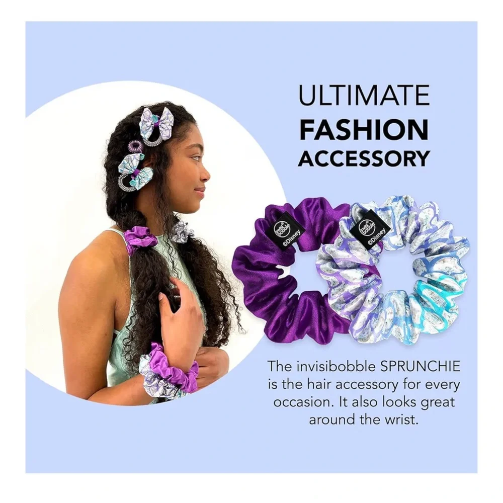 BNIB DISNEY INVISIBOBBLE STYLE ICON ARIEL PRINCESS 2 SCRUNCHIES PURPLE & SPARKLE